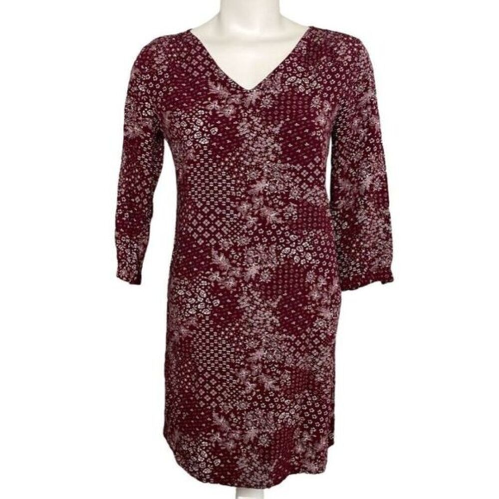 Old Navy Womens Burgundy White Floral V Neck 3/4 Sleeve Rayon Dress sz XS